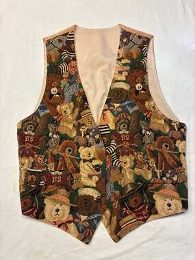 Vintage 90s Teddy Bear Tapestry Woven Novelty Print Vest